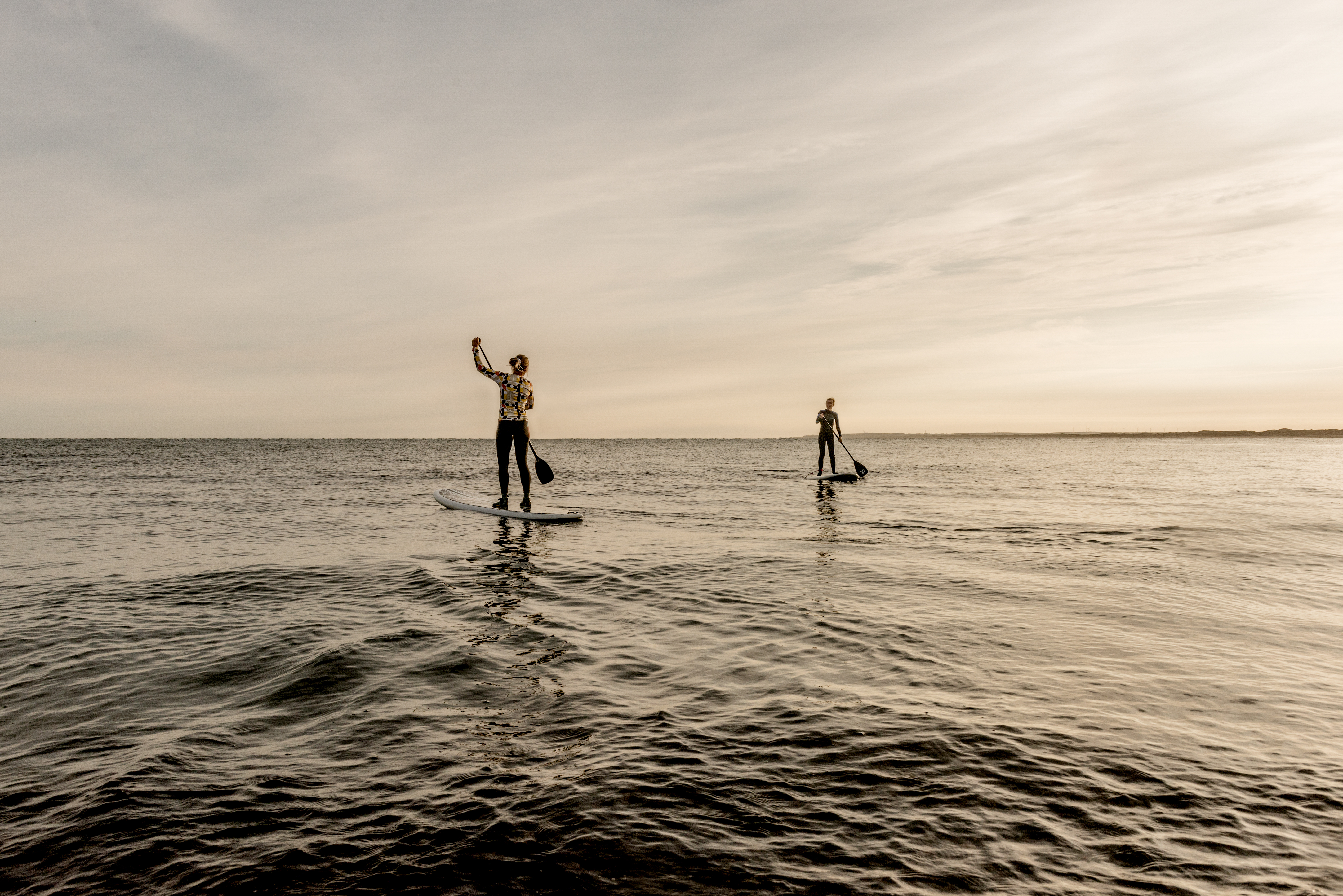 To mennesker på stand up paddle boards på vandet